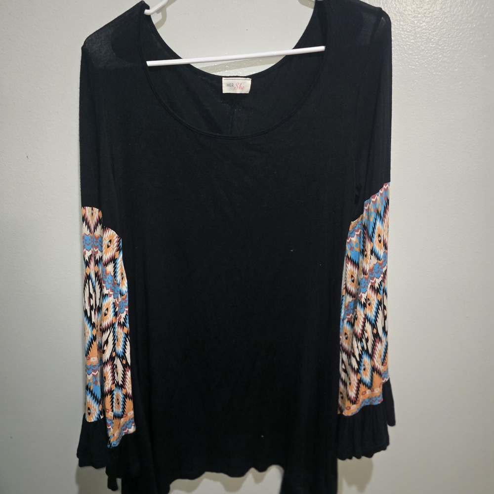 Black and Multicolor Patterned Sleeve Dress